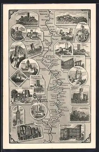 AK Coblenz, Landkarte der Städte entlang der Mosel, Cochem, Enkirch und Trier