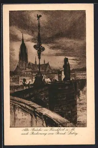 AK Alt-Frankfurt, alte Brücke mit Kaiser Karl & Hahn