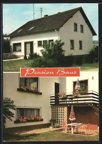 AK Weiskirchen / Saar, Pension v. A. Baus, In der Perch 8, Aussenansicht und Garten