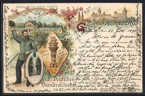 Lithographie Nürnberg, XII. Deutsches Bundesschiessen 1897, Schiesshaus, Ehrenpreis der Stadt