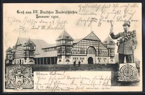 AK Hannover, XIV. Deutsches Bundesschiessen 1903, Schütze mit Siegerpreis, Bundes-Festhalle