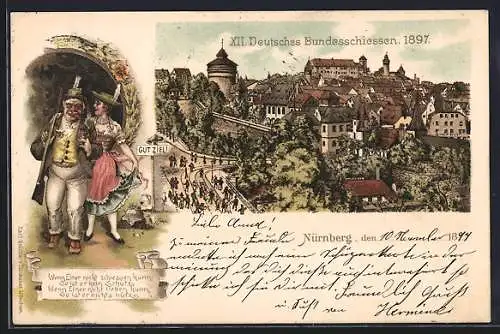 Lithographie Nürnberg, XII. Deutsches Bundesschiessen 1897, Ortsansicht, Schütze mit einer jungen Dame