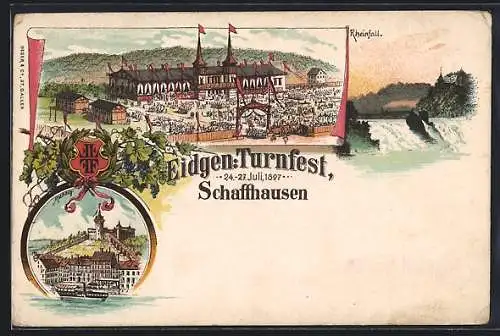 Lithographie Schaffhausen, Eidgen. Turnfest 1897, Rheinfall, Festplatz