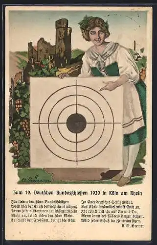 Künstler-AK Köln am Rhein, Zum 19. Deutschen Bundesschiessen 1930, Frau mit Zielscheibe