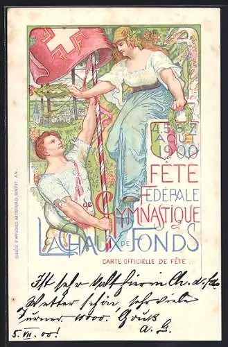 AK La Chaux de Fonds, Fête Fédérale Gymnastique 4.-7.8.1900, Turner mit Fahne empfängt den Siegeslorbeer