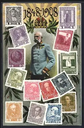 AK Kaiser Franz Josef I. von Österreich und Briefmarken