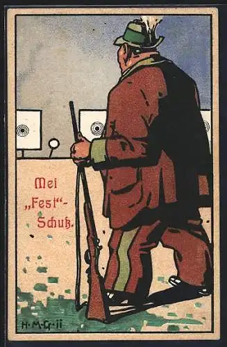 Künstler-AK Frankfurt a. M., 17. Deutsches Bundes- und Goldenes Jubiläums-Schiessen 1912, Mei Fest-Schuss