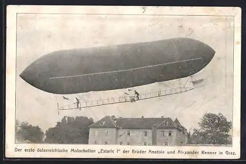 AK Graz, Zeppelin Estaric I der Brüder Anatole und Alexander Renner über der Stadt