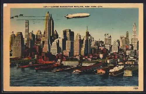 AK New York, NY, Lower Manhattan Skyline, Zeppelin