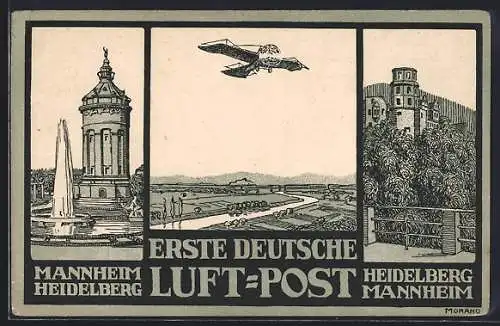 AK Erste Deutsche Luft-Post, Mannheim-Heidelberg, Flugzeug