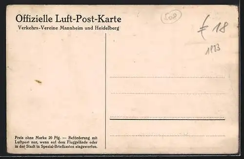 AK Erste Deutsche Luft-Post, Mannheim-Heidelberg, Flugzeug