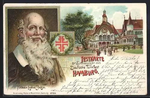 Lithographie Hamburg, Friedrich Ludwig Jahn, Turnvater Jahn, Deutsches Turnfest