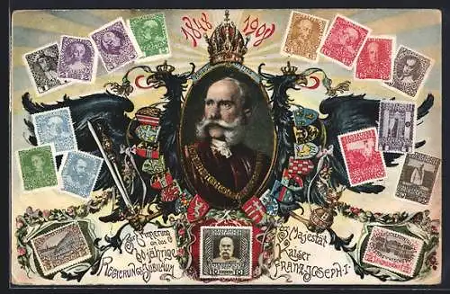 AK Portrait Kaiser Franz Josef I. von Österreich in einem Adler gerahmt von Briefmarken