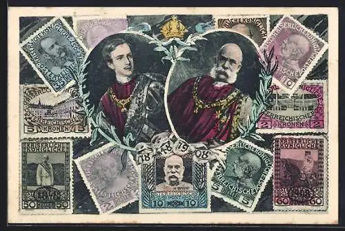 AK Kaiser Franz Josef I. von Österreich jung und alt, Briefmarken aus Österreich