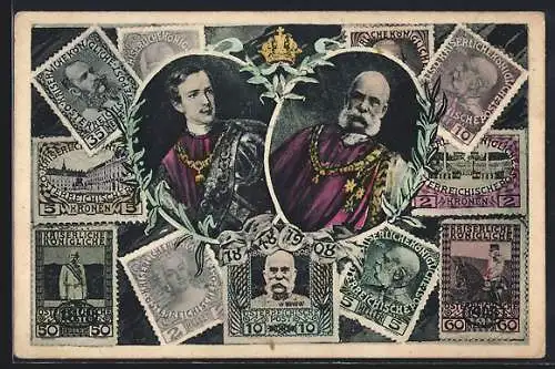 AK Kaiser Franz Josef I. von Österreich jung und alt, Briefmarken aus Österreich