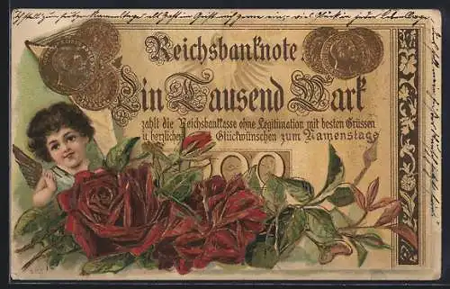 AK Reichsbanknote Ein Tausend Mark, Engel und Rosen, Geld