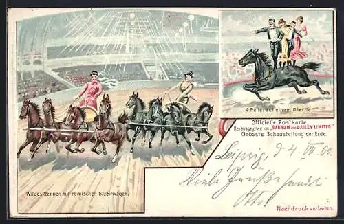 Lithographie Zirkus Barnum and Bailey, 4 Reiter auf einem Pferd, Wildes Rennen mit römischen Streitwagen