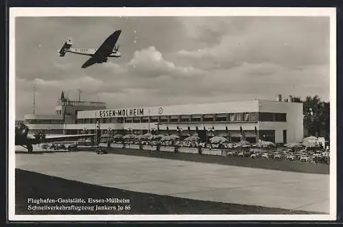 AK Essen-Mülheim, Schnellverkehrsflugzeug Junkers Ju 86 beim Überflug der Flughafen-Gaststätte