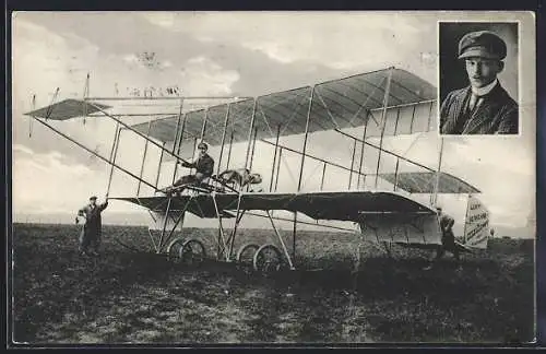 AK Felix Laitsch, Ingenieur und Aviatiker in seinem Doppeldecker-Flugzeug 1911