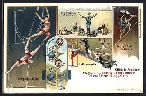 Lithographie Circus Barnum and Bailey, Luftgymnastik, dressierte Seehunde, japanische Seilkünstler