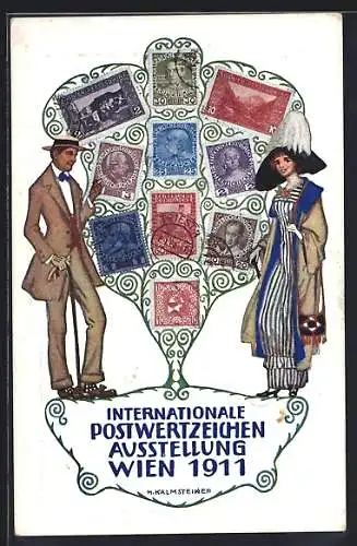 Künstler-AK H. Kalmsteiner: Wien, Internationale Postwertzeichen-Ausstellung 1911, Paar mit Briefmarken