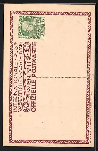 Künstler-AK H. Kalmsteiner: Wien, Internationale Postwertzeichen-Ausstellung 1911, Paar mit Briefmarken