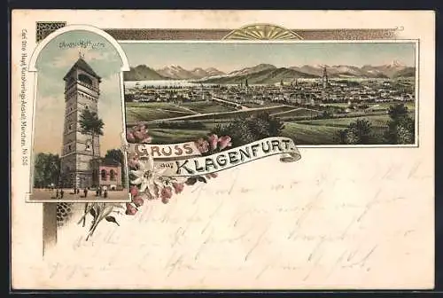 Lithographie Klagenfurt, Teilansicht, Aussichtsturm