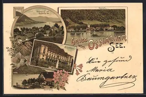 Lithographie Ossiach, Annenheim, Steindorf mit Ossiacher See, Sattendorf