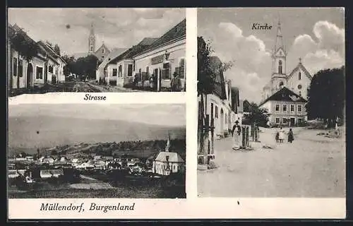 AK Müllendorf /Burgenland, Teilansicht, Kirche, Strassenpartie