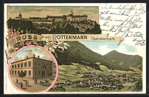 Lithographie Rottenmann /Obersteiermark, Hotel Goldbrich, Schloss Strechau, Teilansicht