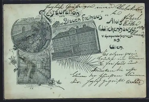 Lithographie Wien, Restaurant zum Blauen Freihaus, Gumpendorferstrasse 9, Innenansicht Speisesaal, Garten