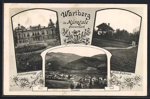 AK Wartberg im Mürztale, Totalansicht, Villa Lichtenegg, Villa Bührlen