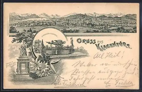 Lithographie Klagenfurt, Ortsansicht aus der Ferne, Lindwurm-Denkmal, Maria-Theresia-Monument