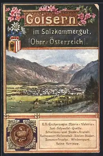 AK Goisern im Salzkammergut, Ortspanorama, Siegel der Erzherzogin Marie-Valerie-Schwefel-Quelle