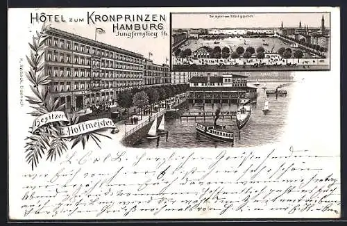 Vorläufer-Lithographie Hamburg-Neustadt, 1894, Hotel zum Kronprinzen am Jungfernstieg, Alster vom Hotel gesehen