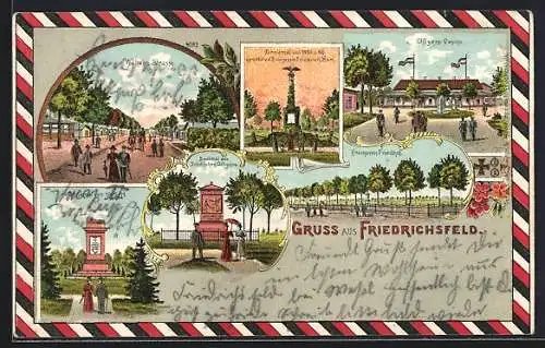 Lithographie Friedrichsfeld / Niederrhein, Wilhelm-Strasse, Offiziers-Casino, Franzosen-Friedhof