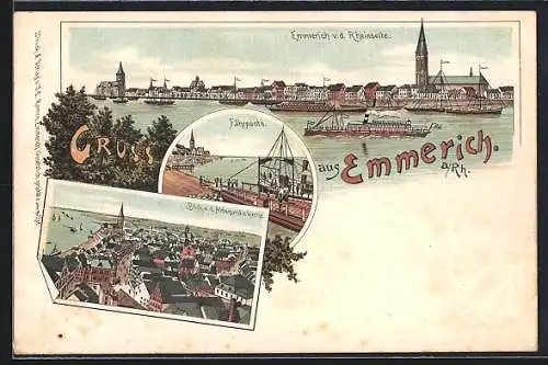 Lithographie Emmerich, Gesamtansicht, Fährponte