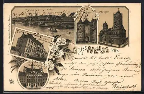 Lithographie Neuss a. Rh., Hafen, Oberthor, Münster, Gymnasium und Rathaus