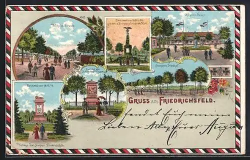 Lithographie Friedrichsfeld / Wesel, Wilhelm-Strasse, Offiziers Casino, Franzosen-Friedhof