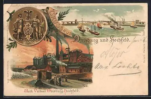 Lithographie Duisburg, Werk Vulkan, Flusspartie mit Brücke, Hochfeld