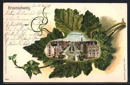 Passepartout-Lithographie Braunschweig, Ansicht der Kaiser Wilhelm Strasse auf einem Weinblatt