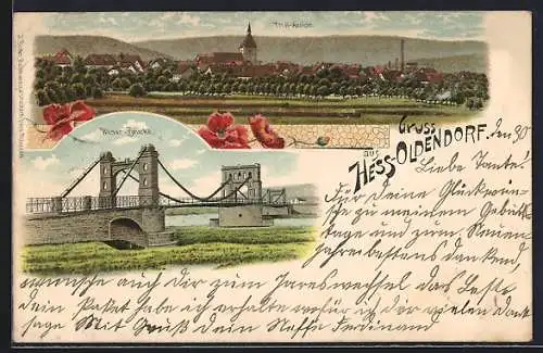 Lithographie Hessisch Oldendorf, Weser-Brücke, Gesamtansicht, Mohnblumen um 1900