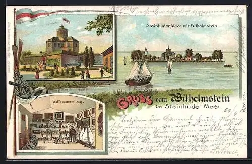 Lithographie Wunstorf-Steinhude, Etablissement Wilhelmstein, Waffensammlung und Steinhuder Meer