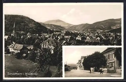 AK Schopfheim i. Wiesental, Gesamtansicht und Strassenpartie