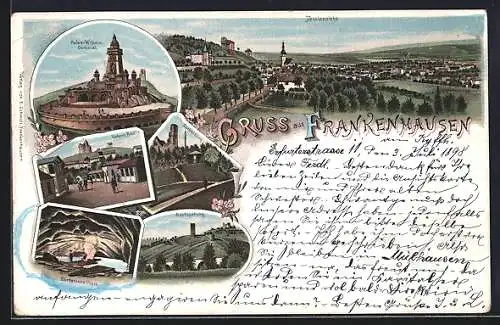 Lithographie Frankenhausen / Thür., Kaiser-Wilhelm-Denkmal, Rothenburg und Sachsenburg