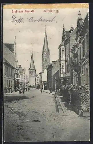 AK Benrath, Mittelstrasse mit Blick zur Kirche