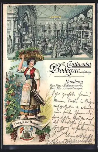 Lithographie Hamburg, The Continental Bodega Company, Frau in Tracht, Ecke Plan - und Rathausmarkt