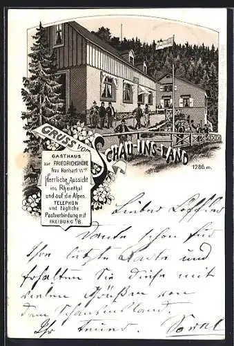 Lithographie Freiburg i. B., Gasthaus Friedrichshohe v. Frau Hanhart, Gasthaus mit Besuchern