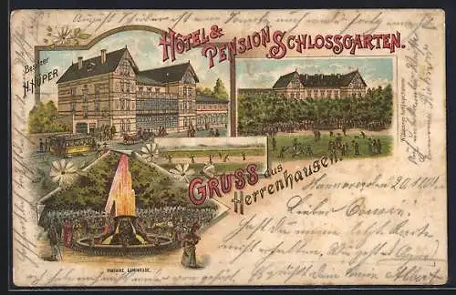 Lithographie Herrenhausen, Hotel & Pension Schlossgarten mit Strassenbahn