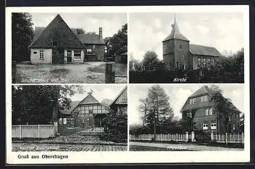 AK Obershagen, Geschäft Wilh. Thies, Kirche und Haus mit Storchennest